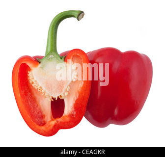 Views of a split red bell pepper on a white background. Stock Photo