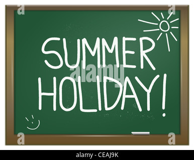 Illustration depicting a green chalk board with the words 'summer holiday' written on it in white chalk. Stock Photo