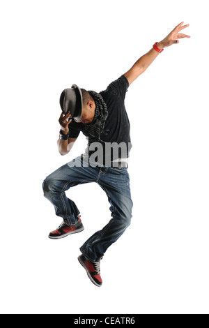 Hip Hop dancer wearing a hat and jumping isolated on a white background Stock Photo
