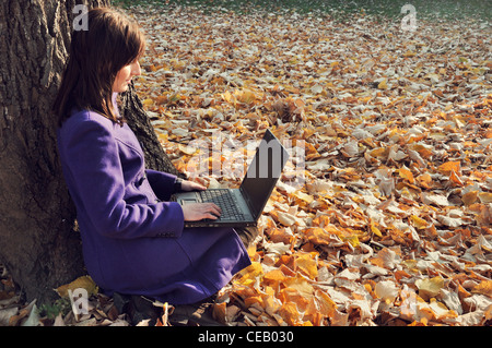Young woman outdoors sitting on autumn leaves using laptop Stock Photo