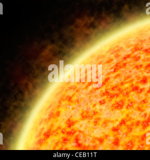 Illustration of the sun radiating a solar wind showing irregular temperature regions Stock Photo