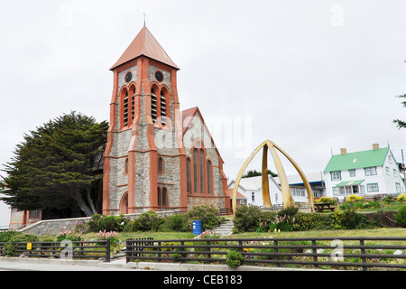 Christ Church Cathedral with Whalebone Arch,   Stanley, Falkland Islands Stock Photo