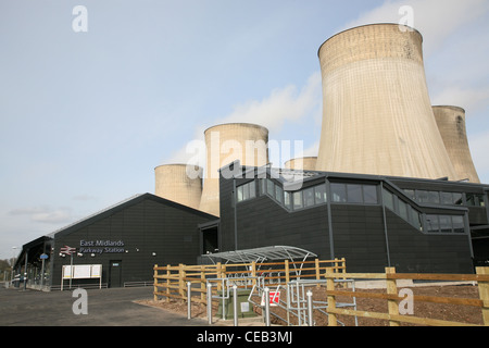 east midlands parkway railway station with ratcliffe on soar power station behind Stock Photo