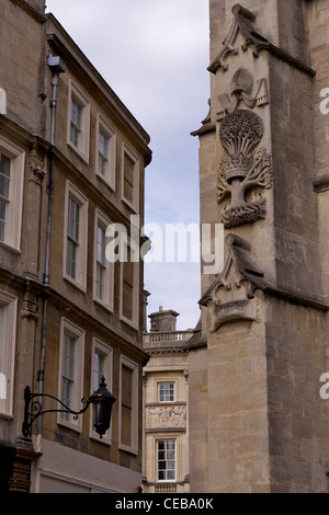 Ornate stone carving on the outside of Abbey Church of Saint Peter and Saint Paul, (commonly known as Bath Abbey) Stock Photo