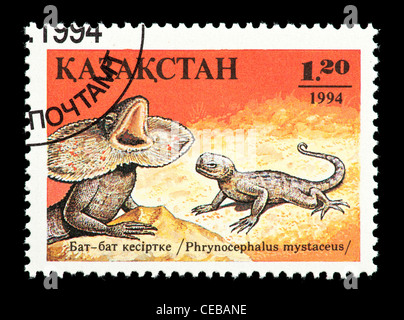 Postage stamp from Kazakhstan depicting a small frilled lizard (Phrynocephalus mystaceus) Stock Photo