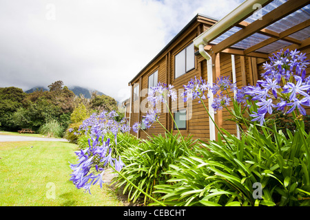 Mountain lodge exterior. Fox Glacier Lodge, Fox Glacier, West Coast, South Island, New Zealand. Stock Photo