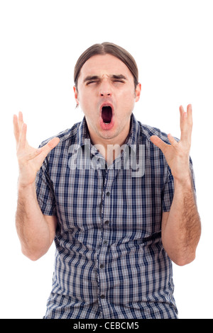 Angry shocked man screaming, isolated on white background. Stock Photo