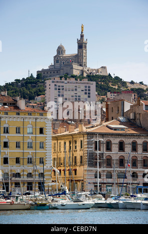 View of the Notre Dame De La Garde from the Old Port (Vieux Port) Stock Photo