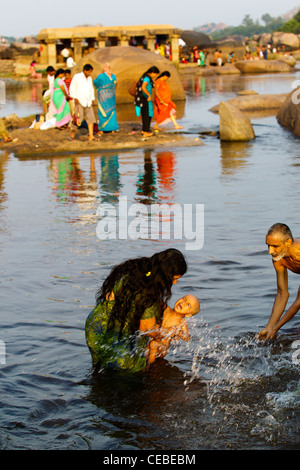 Mother Bathing His Son At Tungabhadra River Hampi Karnataka India Stock Photo Alamy