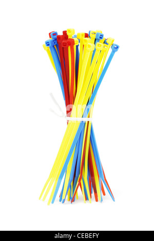 Bundle of Multicolor Nylon Cable Ties on White Background Stock Photo