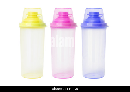 Three Empty Plastic Containers on White Background Stock Photo