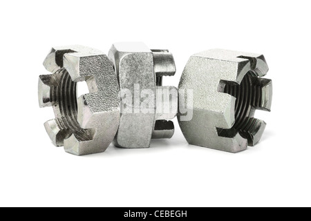 Three Hexagonal Metal Nuts on White Background Stock Photo