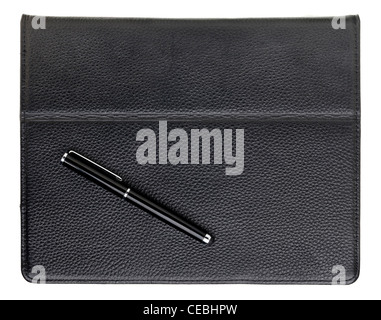 stylus pen and tablet computer in black leather case Stock Photo