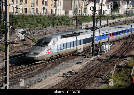 A French SNCF train (2nd generation TGV) close to Reims Raliway Station in Riems, Champagne-Ardenne, France. Stock Photo