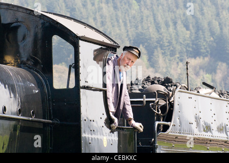 Steam locomotive pulling a train on the Llangollen Railway, the engine driver waiting to depart Stock Photo