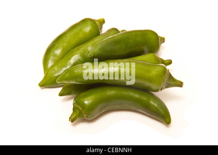 Green chili peppers isolated on a white studio background. Stock Photo