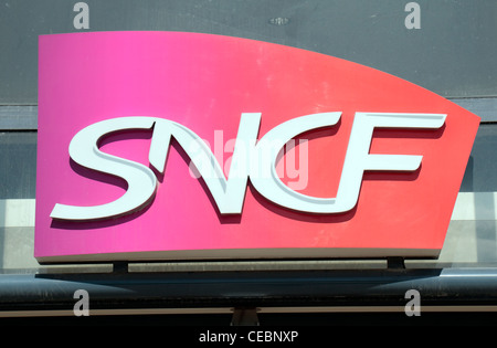 The logo of the French national railway company, SNCF, outside the Reims Raliway Station, Riems, Champagne-Ardenne, France. Stock Photo