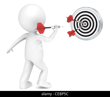 3D little human character throwing Dart. Red arrows. People series. Stock Photo