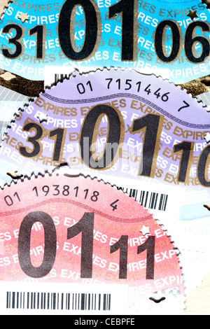 selection of uk vehicle road fund licenses tax discs Stock Photo