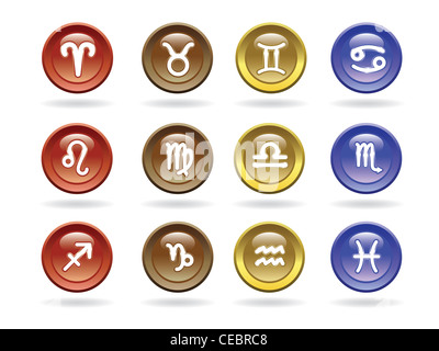 Zodiac signs Glossy icons illustration. Stock Photo