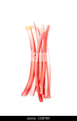 Rhubarb sticks or stalks uncooked isolated on a white studio background. Stock Photo