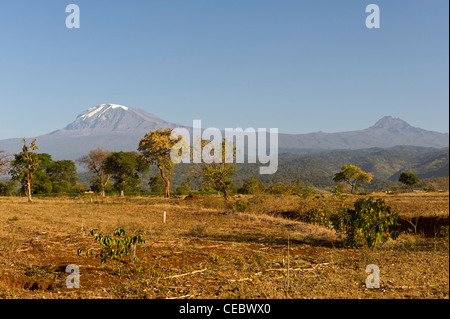 Kilimanjaro and Mawenzi and agricultural land during dry season as seen from Himo in Tanzania Stock Photo