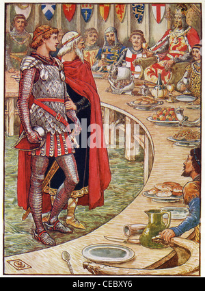 Galahad is brought by an old knight to Arthur and shown to the Siege Perilous, the chair at the Round Table. Stock Photo