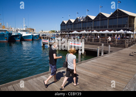 Fishing Boat Harbour - a popular spot for fresh seafood at the port town of Fremantle, Western Australia, AUSTRALIA Stock Photo
