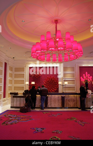 A red chandelier near the check-in desk at the Wynn Encore hotel and casino in Las Vegas Stock Photo