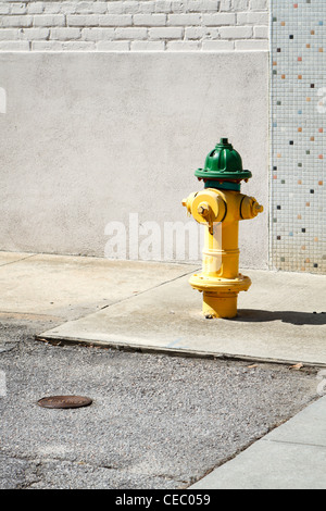 An American bright yellow & green fire hydrant on a city street corner sidewalk on a sunny day. Stock Photo
