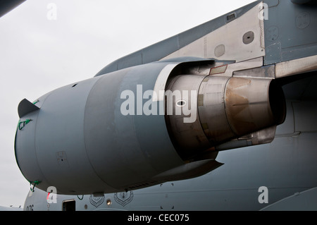 Massive jet engine mounted on wing of United States Air Force C-17 Globemaster cargo aircraft. Stock Photo