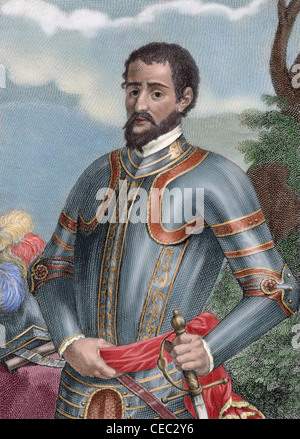 Hernando de Soto (c.1496/1497–1542). Spanish explorer and conquistador. Colored engraving. Stock Photo