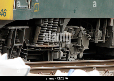 A derailed freight train blocks the West Coast Main Line near Bletchley causing widespread travel disruption Stock Photo