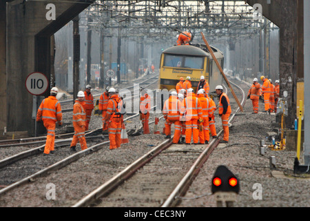 A derailed freight train blocks the West Coast Main Line near Bletchley causing widespread travel disruption Stock Photo