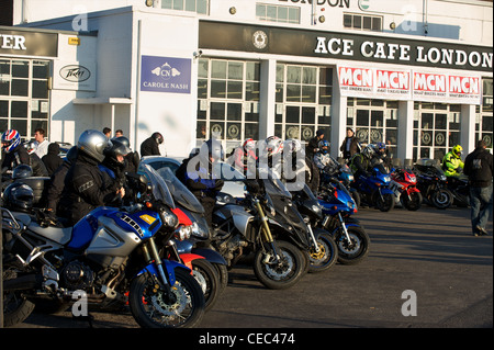 Bikers at Ace Cafe, London Stock Photo