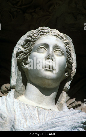 Marble Statue & Portrait of the Greek Goddess Arete, the Personification of Virtue, Library of Celsus, Ephesus, Turkey Stock Photo