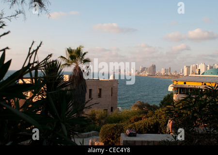 Tel Aviv  sunset sky line view  from Giaffa by HaPisgah gardens. Stock Photo