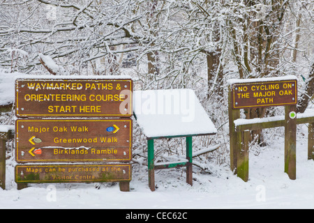 fresh snow on notice boards and signs in sherwood forest country park edwinstowe nottinghamshire england uk gb eu europe Stock Photo