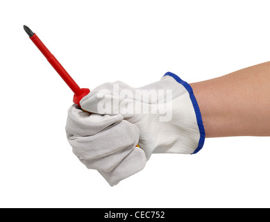 hand gloved with a light grey working glove while holding a screwdriver.Studio shot in white back Stock Photo
