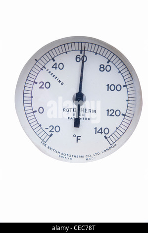 Indoor thermometer indicating cold temperatures Stock Photo