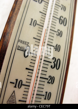 Indoor thermometer indicating very cold temperatures Stock Photo