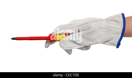 hand gloved with a light grey working glove while holding a screwdriver.Studio shot in white back Stock Photo