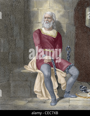 Christopher Columbus (1451 -1506). Navigator, colonizer and explorer, imprisoned during his third voyage. Colored engraving. Stock Photo