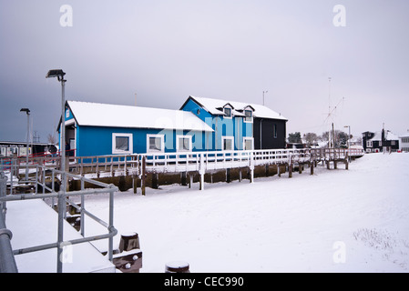 RNLI Lifeboat Boathouse In Winter at Rye Harbour East Sussex UK After Heavy Snow Stock Photo