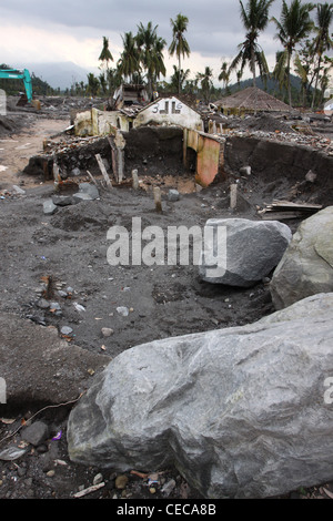 Lahar damage village from Mt. Merapi volcano eruption Yogyakarta Indonesia Stock Photo