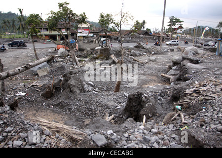 Lahar damage village from Mt. Merapi volcano eruption Yogyakarta Indonesia Stock Photo