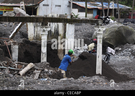 Lahar damage village from Mt. Merapi volcano eruption Yogyakarta Indonesia Stock Photo