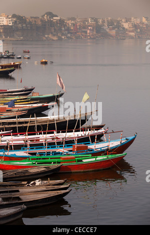 India, Uttar Pradesh, Varanasi, colourful tourist boats on River Ganges Stock Photo