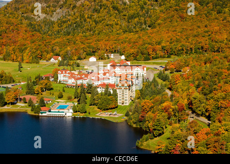 Lake Gloriette and the Balsams Grand Resort as seen from the cliffs above NH 26 in Dixville Notch, New Hampshire. Stock Photo