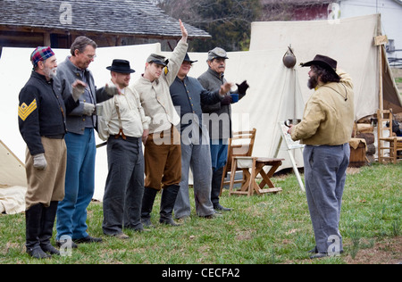 Reenactors of the 7th Tennessee Cavalry, Company C during a gathering at Parkers Crossroads, Tennessee. Stock Photo